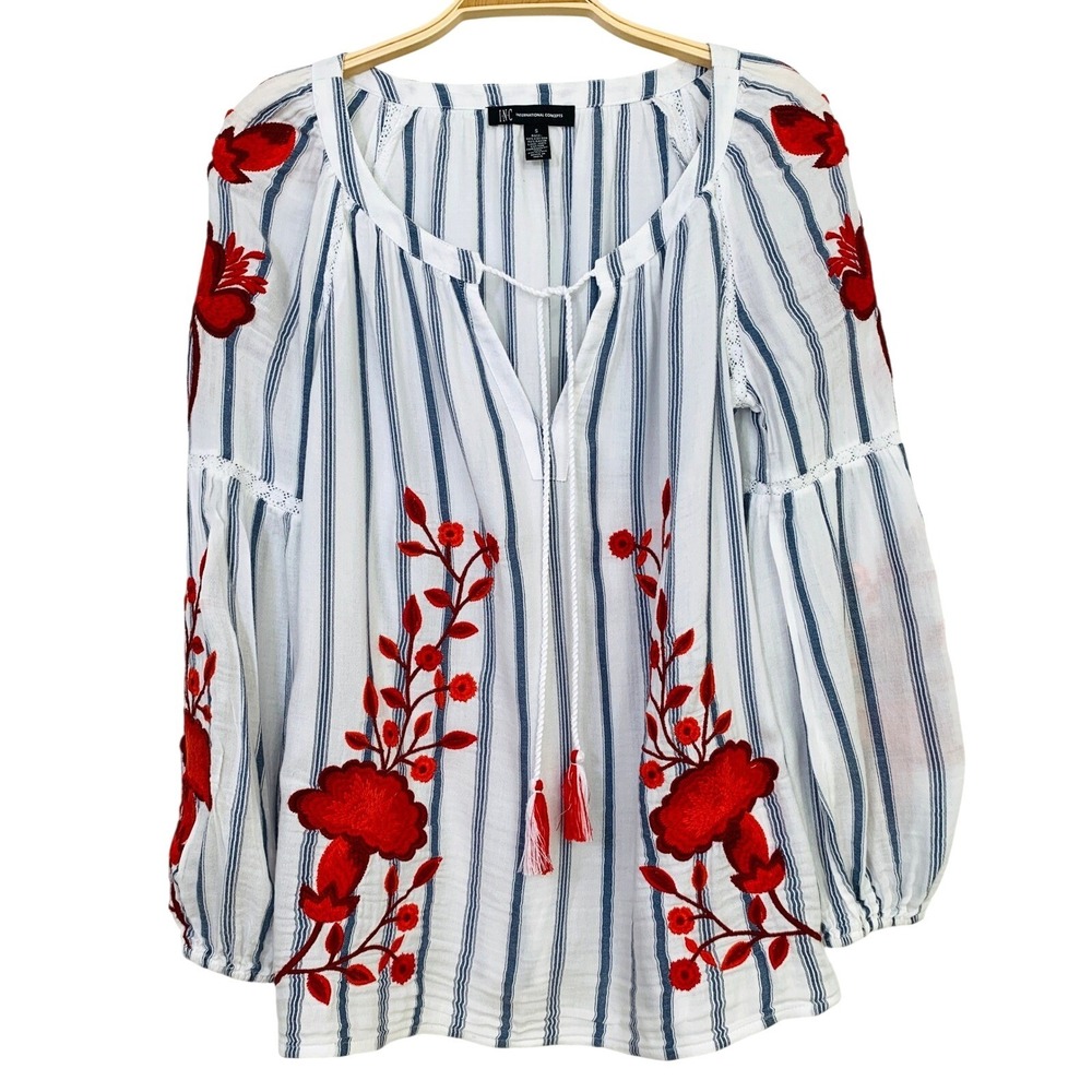 INC Bohemian Peasant Blouse White‎ Striped Floral Embroidered Cottagecore / SZ S